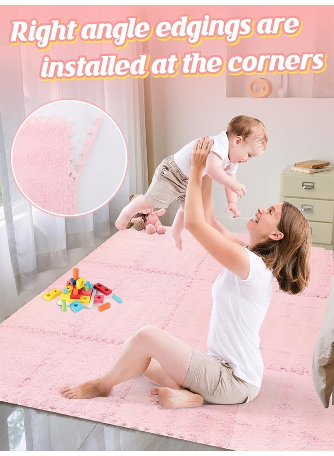 6 Pcs Plush Foam Floor Mat Square Interlocking Carpet Tiles with Border Fluffy Play Mat Floor Tiles Fluffy Area Rugs Square Soft Climbing Area Rugs DIY Floor Crawling Mat Tiles for Home Playroom Decor (Pink) - Image 4